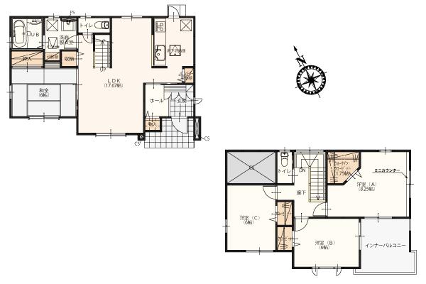 Floor plan. 21.5 million yen, 4LDK, Land area 310.28 sq m , A large living room of the building area 106.67 sq m about 17 pledge was placed in the center of the flow line. There are also housed in the hall and wash room not only there is a housed in the whole room.