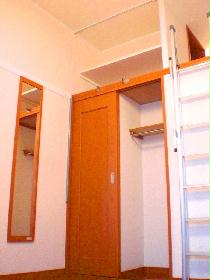 Receipt. There is a storage shelf with a curtain rail on top of the closet.