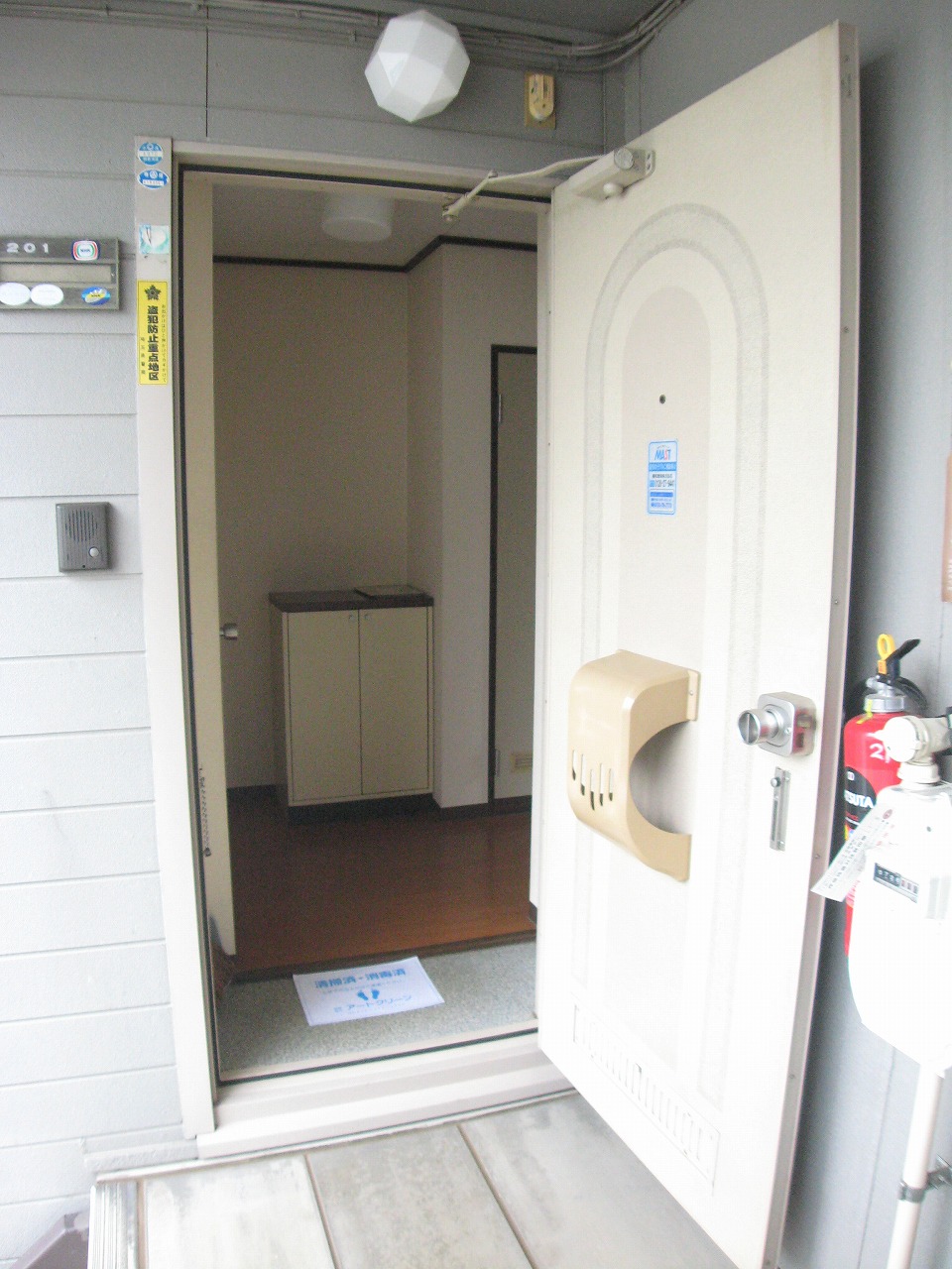 Entrance. There is a corridor and enter the front door.