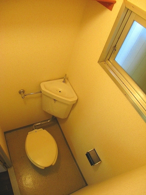 Toilet. It is a Western-style flush toilet with a small window.