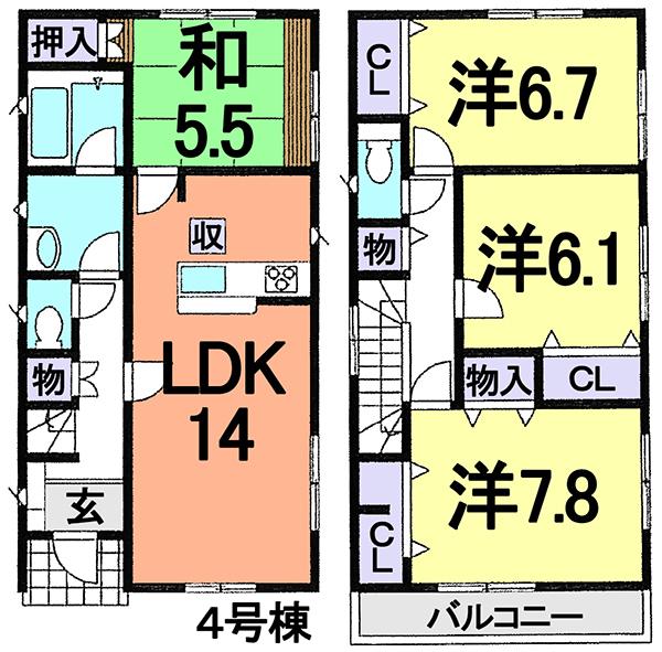Floor plan. (4 Building), Price 21,800,000 yen, 4LDK, Land area 163.61 sq m , Building area 95.57 sq m