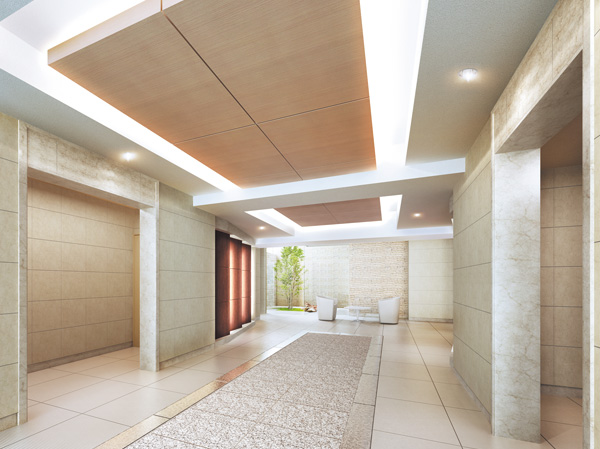 Buildings and facilities. Even in a simple design, Sharp styling unique Marion draw a beautiful form. Glass railing of the exterior tiles and balcony where the earth color tones, Glass screen of a shared corridor side. Muted colors and the texture becomes green and integral planting, Impress the beauty and dignity to the streets is one of the beautiful standing figure light and the color of the sky of reflected Komu sun penetration. (Entrance Hall Rendering CG)