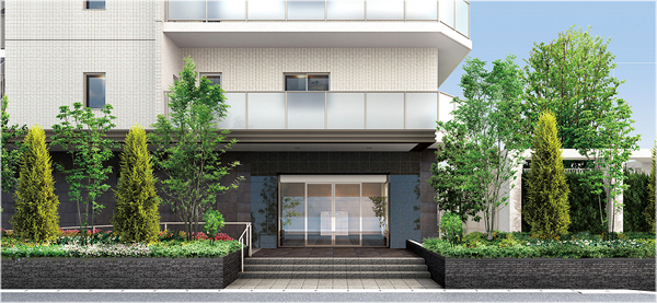 Features of the building.  [Entrance Rendering] The texture was calm entrance which arranged the green around, It celebrates gently people to return to home. Entrance approach invites from the public to the private area, Feeling is unfolded in the green of expressive trees, Is calm texture of the entrance, It celebrates gently people to return to home. Meet the live person in the peace of mind, Us are not welcoming the visitors, There face of such a dwelling is here.