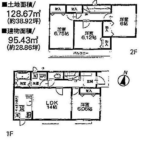 Floor plan. (1 Building), Price 24,800,000 yen, 4LDK, Land area 128.67 sq m , Building area 95.43 sq m