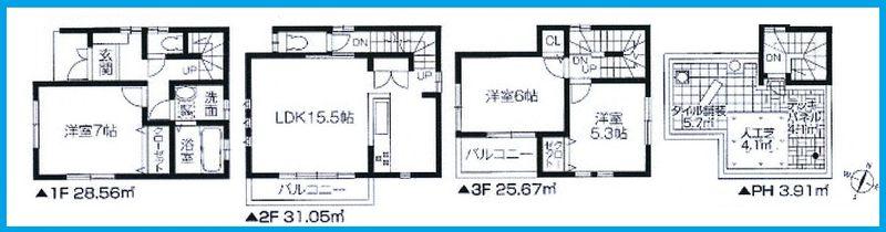 Floor plan. 28.8 million yen, 3LDK, Land area 63.77 sq m , Building area 89.19 sq m