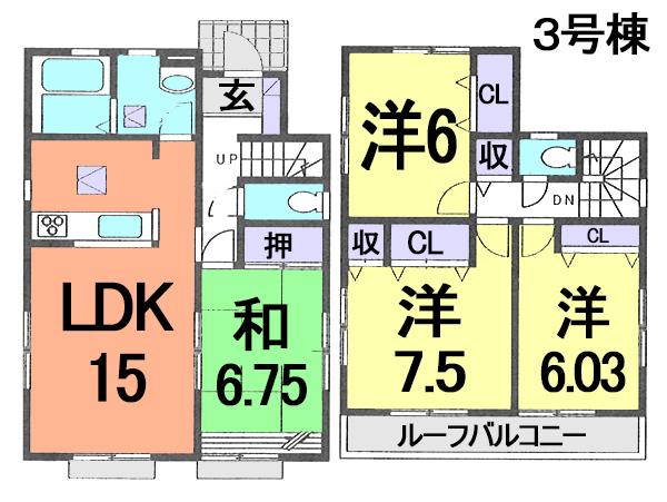 Floor plan. (3 Building), Price 24,800,000 yen, 4LDK, Land area 105.12 sq m , Building area 98.53 sq m