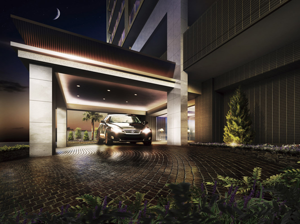 Shared facilities.  [Imposing dignity overflows Entrance] Passengers can get on and off without getting wet in the rain because the porte-cochere with a large canopy (eaves) a. (Entrance Rendering)