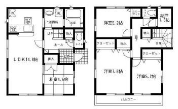 Floor plan. (3 Building), Price 17.8 million yen, 4LDK+S, Land area 112.09 sq m , Building area 95.98 sq m
