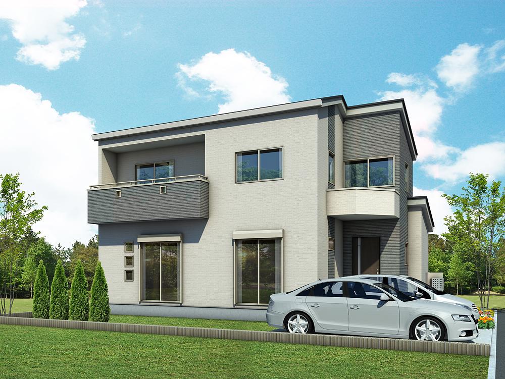 Rendering (appearance). House clearing the energy-saving achievement rate of 100% or more in the Top Runner Standard (window glass all rooms pair glass, kitchen ・ Bathroom with shower water-saving type, Fluorescent lighting use, etc.) / 6 Building (December 2013 shooting)