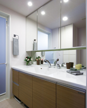 Bathing-wash room.  [bathroom] Care is also a vanity with a simple counter-in-one bowl.
