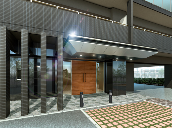 Features of the building.  [Entrance of stately entertain in healing] The entrance feel the magnificent, It arranged well color to planting, Texture has to produce a high beauty. (Rendering)