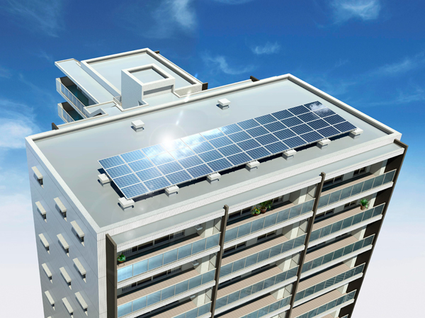 Buildings and facilities. For the first time a solar power generation system to create energy in the light of the inexhaustibly falling sun as Kumagai city of condominium ( ※ 1) it has been equipped with.  ※ 1 our research (2005 ~ It is intended for sale has been apartment in Kumagaya, in the period up to 2012. ) (Exterior view)