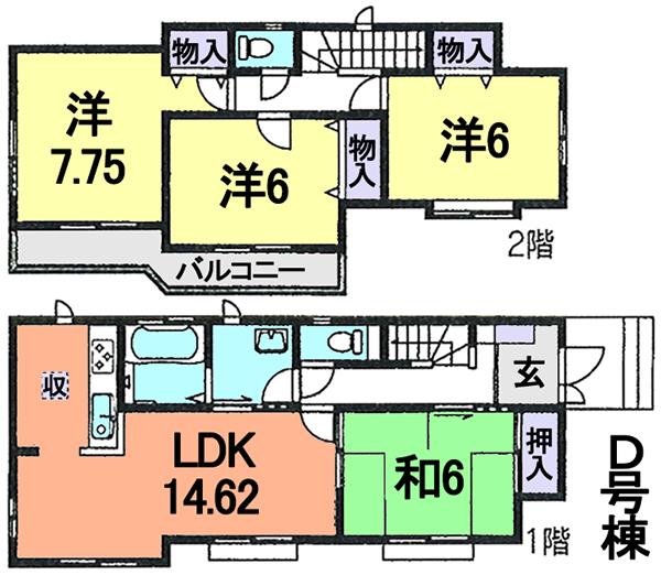 Floor plan. (D Building), Price 32,800,000 yen, 4LDK, Land area 130.58 sq m , Building area 95.84 sq m