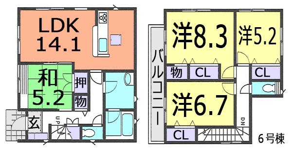 Floor plan. (6 Building), Price 27,800,000 yen, 4LDK, Land area 120.04 sq m , Building area 96.78 sq m
