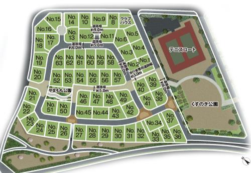 The entire compartment Figure. Wide frontage facing the road, Compartment of effective utilization easy shaping land around the land. About 3m in the development road width ~ Ensure the room of 15m. Succession symbol tree and green planting of each residence is continuously, Create a beautiful landscape (the entire section view)
