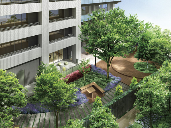 Shared facilities.  [The color of the four seasons, To live, Lara City] The on-site north of the approach to the <Park Homes LaLa Shinmisato> from the station, While conscious of the sense of unity with the town, Also pursuing appearance as a dwelling. While providing moisture to the city in the green of abundance, Elegant approach that takes advantage of the difference in height of about 2m of the sidewalk and on-site, To produce a sophisticated and elegant. Mainly of evergreen trees in the site south, The four seasons of color by Hythe the flowers and trees of the season, such as cherry or Hananoki. Some people live, Some people of the city, It was aimed at landscape design to be proud. (Private garden Rendering CG)