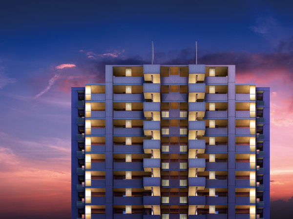 Shared facilities.  [Exterior CG] Sharp styling that the sky clean and extend Marion draw a beautiful form. Glass railing of the exterior tiles and balcony which was an off-white tones, Glass screen of a shared corridor side. Texture of shine and a glass of white come together, Penetration of light and the color of the sky of reflected Komu sun, Impress the beauty and dignity to the streets is one of the beautiful standing figure.