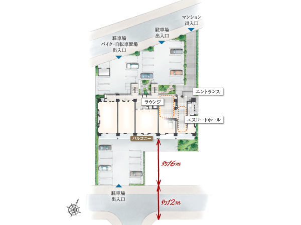 Shared facilities.  [1 Kaishikichi layout] It provided the depth, Independence and clear some land plan. 2 face of the site is to Seddo <Raifupia Misato center> is, We have a depth of about 28m from the south road to the balcony of the dwelling unit. Also, Arranged long approach from the north road to the entrance, It Haito the building with a room in the grounds of independence.  ※ It represents some 2-floor plan view.