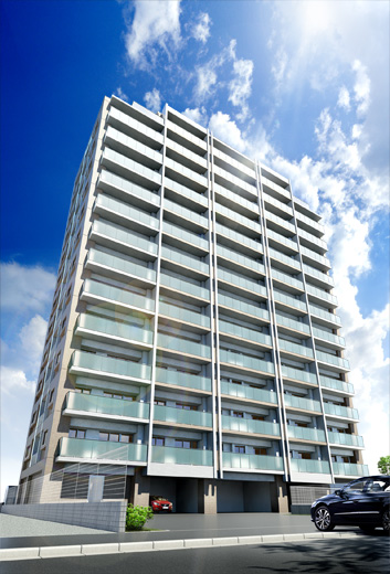 Buildings and facilities. Sharp styling that the sky clean and extend Marion draw a beautiful form. Glass railing of the exterior tiles and balcony which was an off-white tones, Glass screen of a shared corridor side. Texture of shine and a glass of white come together, Penetration of light and the color of the sky of reflected Komu sun, Impress the beauty and dignity to the streets is one of the beautiful standing figure. (Exterior CG)