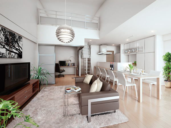 Room and equipment. Taking advantage of the ceiling height on the top floor dwelling unit, We plan to "Sky loft" of detached sense be in the apartment. Space of the ceiling under which can lift the ladder (ladder), if necessary, Ventilation provided with a window ・ Also ensure lighting. You can use a variety of applications. (living ・ Dining & Sky Loft CG ※ Including DL type part paid option / Application termination (pre-sale))