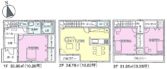 Floor plan. (3 Building), Price 27,800,000 yen, 3LDK, Land area 75.28 sq m , Building area 99.78 sq m