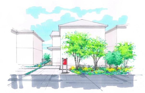 Cityscape Rendering. Taking advantage of the slope garden (slope garden) gentle slope, Green production can enjoy the zone, such as those in overflow from the garden <streets Rendering>