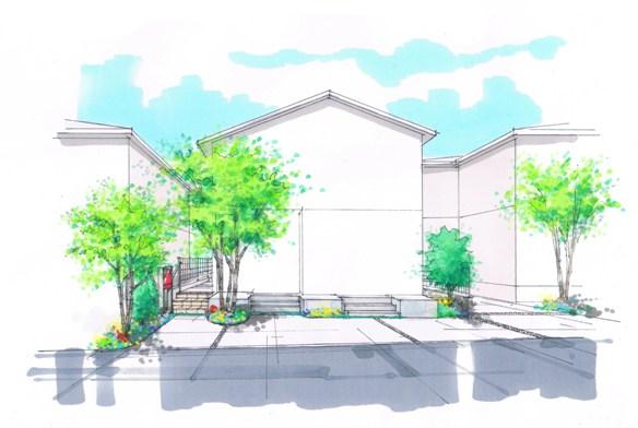 Cityscape Rendering. garden parking is easy to and out of the (Garden parking) car, Ensuring the parallel parking lot. When there is no car, It is also possible to enjoy the parking lot as a garden zone <streets Rendering>