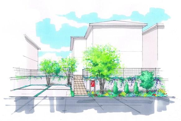 Cityscape Rendering. Production of green hanging step garden (step Garden) Wall, It is kept the distance between the road and on-site, Is highly independent zone <streets Rendering>