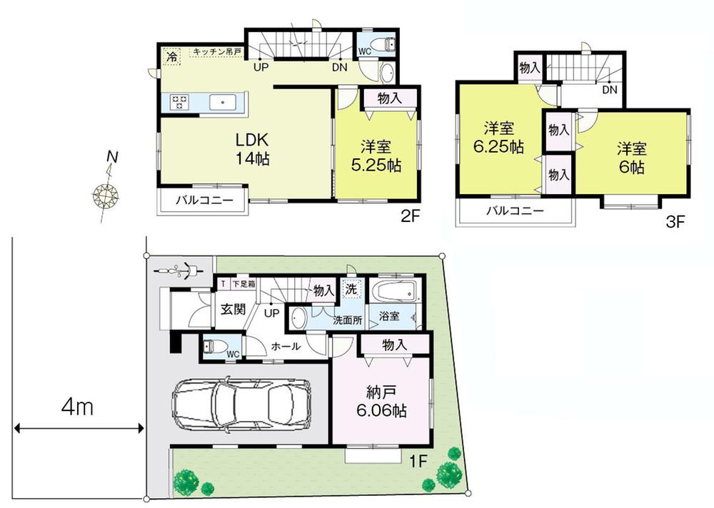 Floor plan. 28.8 million yen, 3LDK + S (storeroom), Land area 74.87 sq m , Floor plan of the building area 96.05 sq m south-facing in all rooms two planes or more daylight