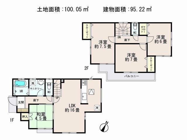 Floor plan. (6 Building), Price 32,800,000 yen, 4LDK, Land area 100.05 sq m , Building area 95.22 sq m