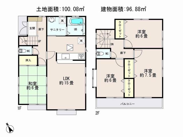 Floor plan. (6 Building), Price 44,800,000 yen, 4LDK, Land area 100.08 sq m , Building area 96.88 sq m