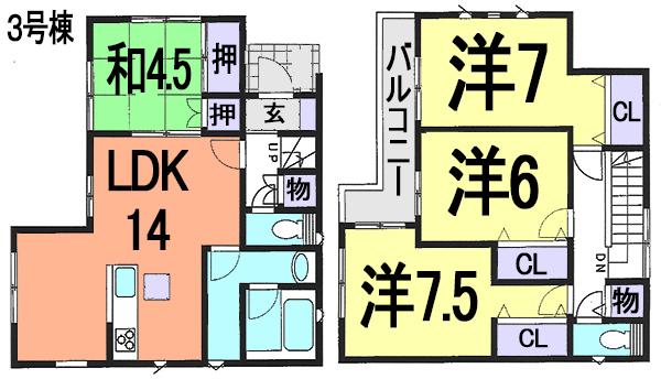 Floor plan. (3 Building), Price 28.8 million yen, 4LDK, Land area 100.04 sq m , Building area 92.74 sq m