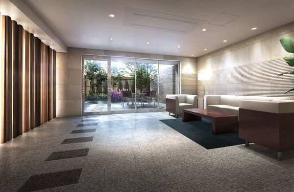 Shared facilities.  [Owner's lounge where you can enjoy a moment of rest] Paste the unified tile and approach on the floor, Owner's lounge, which directed the continuity of space. Ashirai lime stone with a soft texture on the wall, Design wood tone louver shine in light of indirect lighting. The Ichikaku, Installing a lounge space at the table and the sofa. Overlooking the green of the garden lounge in a large glass over, You can relax. (Rendering)