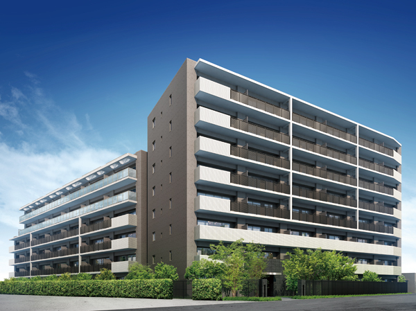 Features of the building.  [Exterior - Rendering] While it brews a presence that becomes a landmark, It is a fine mansion to greet gently family without giving intimidated. The ground 8-storey, All 87 House. Be born along the old Nakasendo appearance tile of "Placentia Kitaomiya" is, Adopt a mocha brown and beige calm color. In addition to the railing of the balcony, The design sticks to details such as adopting a Sulfur butterfly louver has undergone throughout.