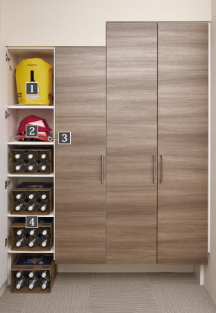 earthquake ・ Disaster-prevention measures.  [Peace1 / Provided for each dwelling unit] (1) disaster prevention bag (di Debukuro) Storage / Space is to accommodate the disaster prevention bag (di Debukuro) that contains the disaster prevention equipment. (2) a helmet, etc. Storage / Including adult helmets, Space is to accommodate such as helmets for children. (3) fall-prevention bracket (part) / It also prevents the fall of the stored items to open the door in the shaking of an earthquake. (4) drinking water, etc. Storage / Drinking water, etc. can be stored. (Same specifications)