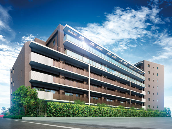 Buildings and facilities. While it brews a presence that becomes a landmark, It is a fine mansion to greet gently family without giving intimidated. The appearance tiles, Adopt a mocha brown and beige calm color. (Exterior view)