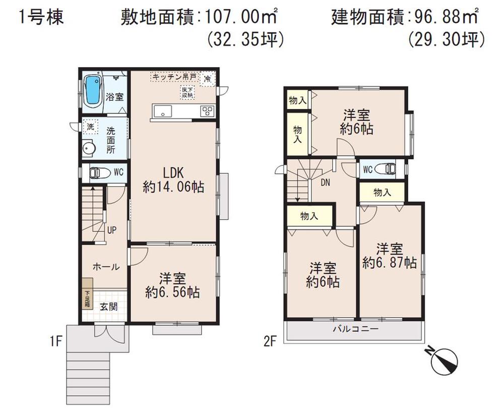 Floor plan. 32,800,000 yen, 4LDK, Land area 107 sq m , Face-to-face kitchen wife is also a delight in building area 96.88 sq m 4LDK.