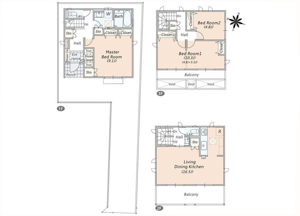 Floor plan. (3 Building), Price 34,600,000 yen, 3LDK+S, Land area 100.04 sq m , Building area 107.65 sq m