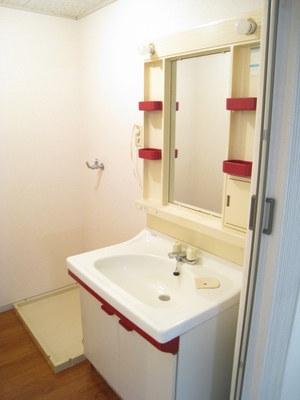 Washroom. Washstand storage rack is useful