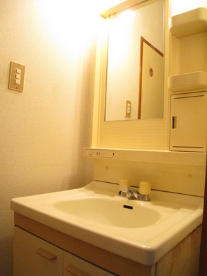 Washroom. Washstand storage rack is useful