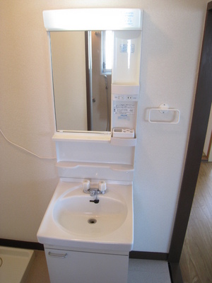 Washroom. Washstand storage rack is useful