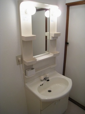 Washroom. Washstand storage rack is useful