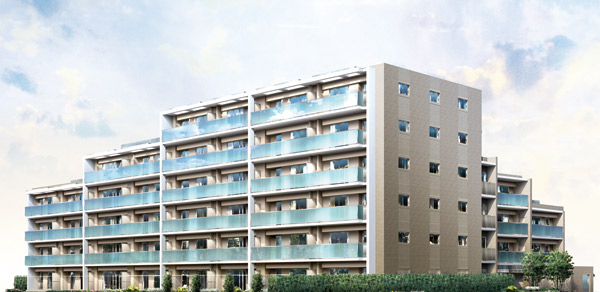 Buildings and facilities. Subjected to a soft shade of tile, It has adopted a modern glass railing on the balcony of the south-facing center. (Exterior CG)