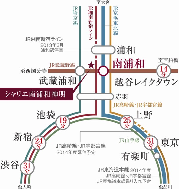 Access view. "Minami Urawa" 19 minutes from the train station to Ikebukuro (transfer Saikyo Line in Akabane), To Shinjuku 24 minutes (same as above), To Shibuya 31 minutes (same as above). on the other hand, To Ueno direct 25 minutes (Keihin Tohoku Line rapid use. During the day only), Is the time required for the direct 31 minutes (same as above) to Tokyo
