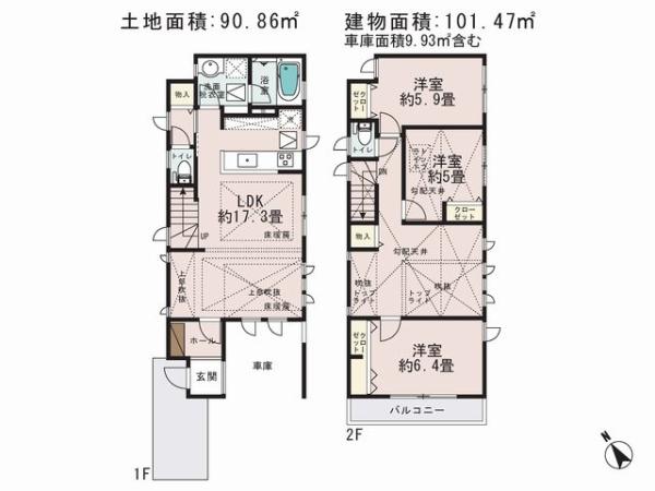 Floor plan. 43,800,000 yen, 3LDK, Land area 90.86 sq m , Building area 101.47 sq m