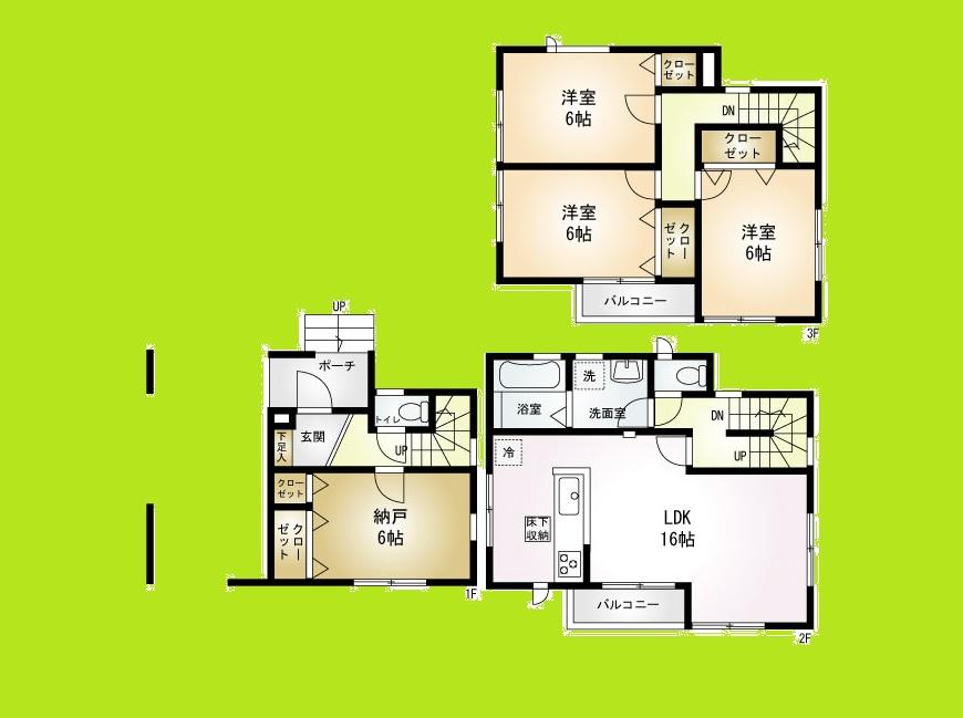 Floor plan. 25,800,000 yen, 4LDK, Land area 78.66 sq m , Building area 114.47 sq m designer house all the living room two-sided lighting W day boast all room 6 quires more relaxed Pledge LDK16 on the balcony is please come visit the house of your tour Allowed attention attractive same day