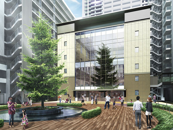 Shared facilities.  [Community House Rendering] The center of the city, surrounded by residential buildings, In a location facing the courtyard "OASIS COURT" with a symbol tree and the basin,  We have established independent type of community building a "COMMUNITY HOUSE".