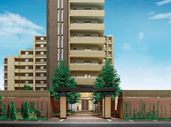 Features of the building.  [appearance] Taking advantage of one city block location, surrounded by the four-way road, Exterior design with a feature in each of the tetrahedron. While wrapped in the front to protect the community, We nestled the gate to symbolize the city block. (Rendering)