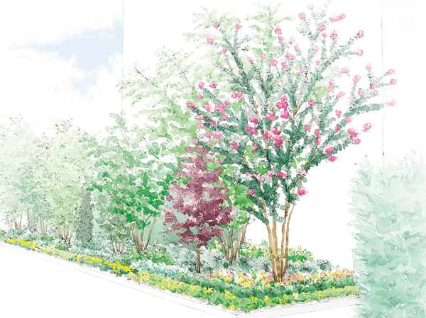 Features of the building.  [Two entrances to enjoy the season] To approach leading to the main entrance, It placed a high symbol of wigs on the left and right, Produce a landscape of moisture. The sub-entrance as the main tree evergreen, Thought to want to experience the change of the plant, flower ・ Fruit ・ Such as color leaf has planned plenty of flowers and trees to add a beautiful color for each season. (Sub Entrance planting Rendering Illustration)