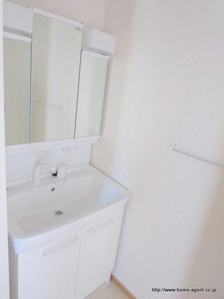 Wash basin, toilet. Good three-sided mirror type of usability